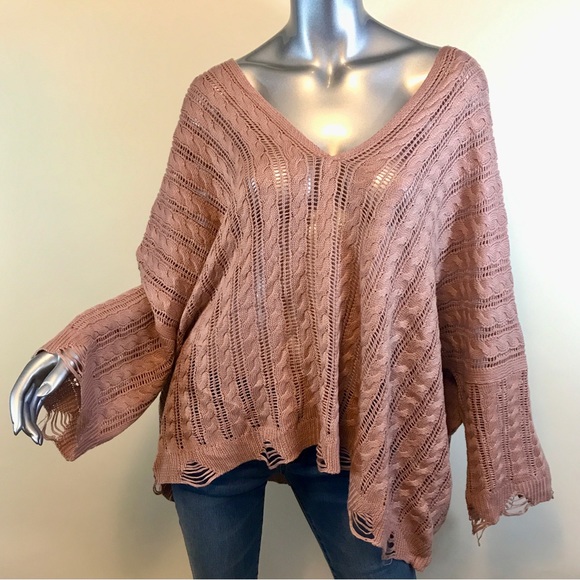 POL Women's Large Oversized Sweater Double V Neck Boxy Distressed Detail Pink - Picture 3 of 13